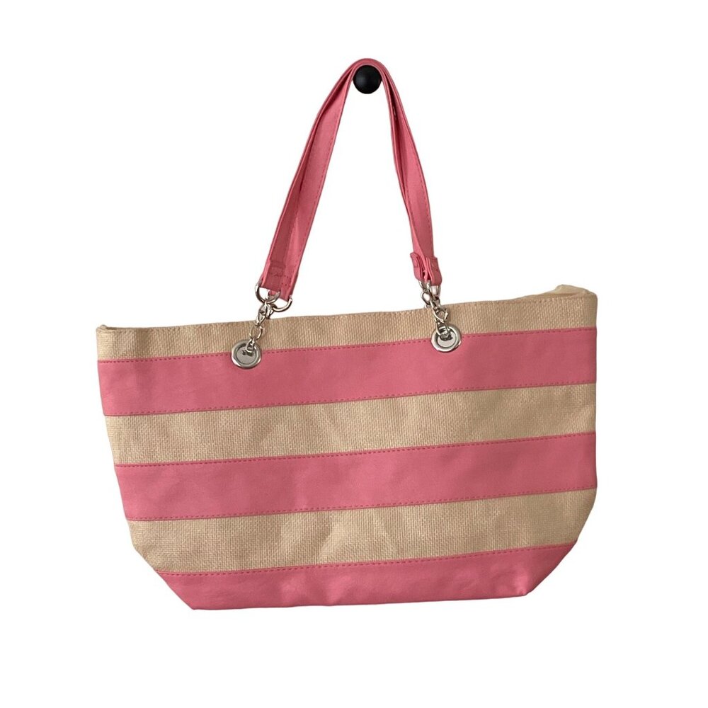Ulta Pink Striped Tote Bag Inner Pockets Beach Gym Bag Medium Size - Picture 6 of 7
